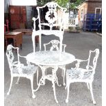 A modern white painted aluminium circular garden table, 80cm diameter x 69cm high,