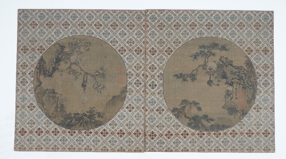 A pair of Chinese circular fan pictures, probably watercolour on a printed base on silk,