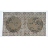 A pair of Chinese circular fan pictures, probably watercolour on a printed base on silk,