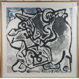 Yuan Yunsheng (b.1937), Playful ox, grey, black and blue wash, 100cm x 101cm.