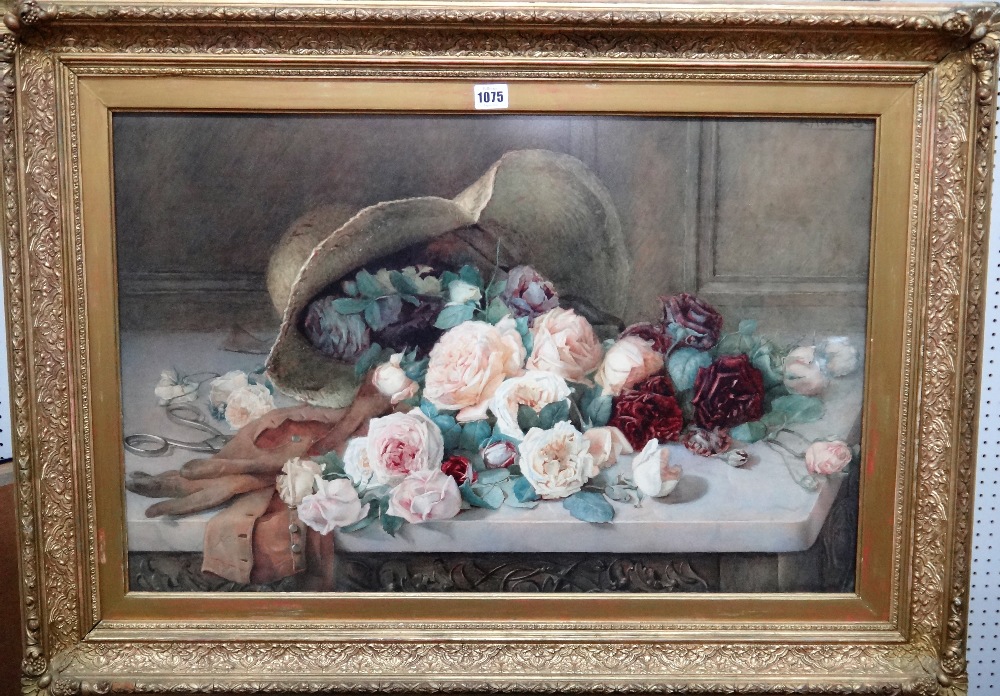 E Newcomb (British late 19th/early 20th Century) Still life of roses, a hat, - Bild 2 aus 4