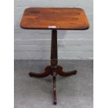 A Regency rosewood rectangular top tripod occasional table, on reeded column, 54cm wide x 73cm high.