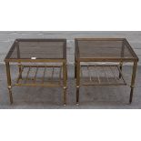 A pair of mid-20th century glass and lacquer brass square two tier occasional tables,