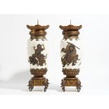 An unusual pair of Japanese Satsuma and bronze mounted vases, Meiji/Taisho period,