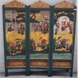 A 20th century four fold draught screen, polychrome painted with Eastern scenes,