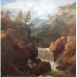 Follower of Joseph Mellor, A waterfall in a rocky wooded gorge, oil on canvas, unframed,