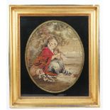 A Regency woodwork picture on silk, depicting mother and child against a landscape,