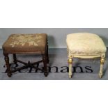 A Victorian oak rectangular stool, with upholstered top, on turned and fluted supports,