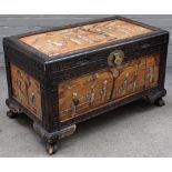 A 20th century Chinese ebonised hardwood and stone inlaid rectangular trunk, on paw feet,