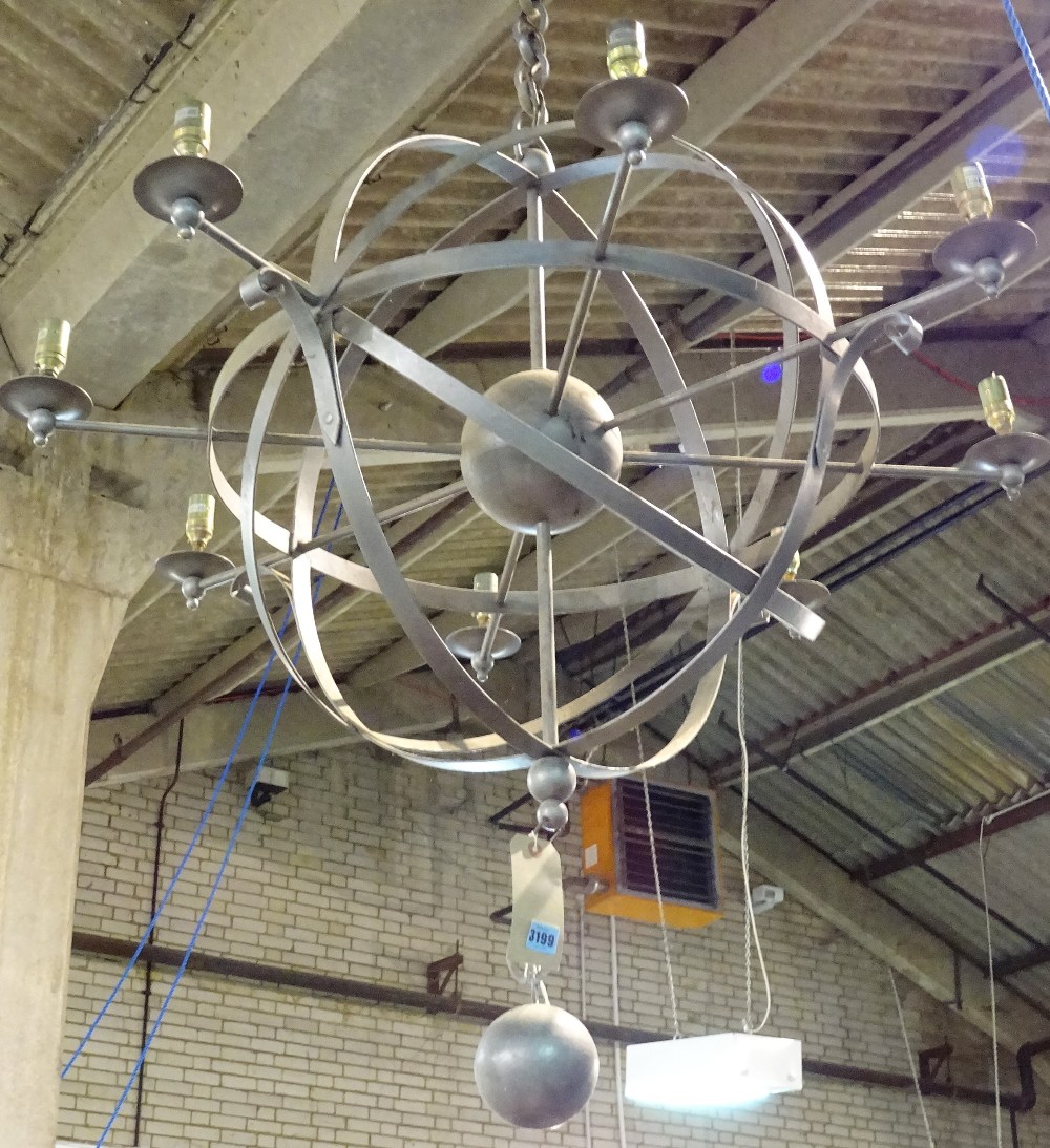 A 20th century steel armillary sphere eight branch chandelier, 97cm wide x 70cm high.