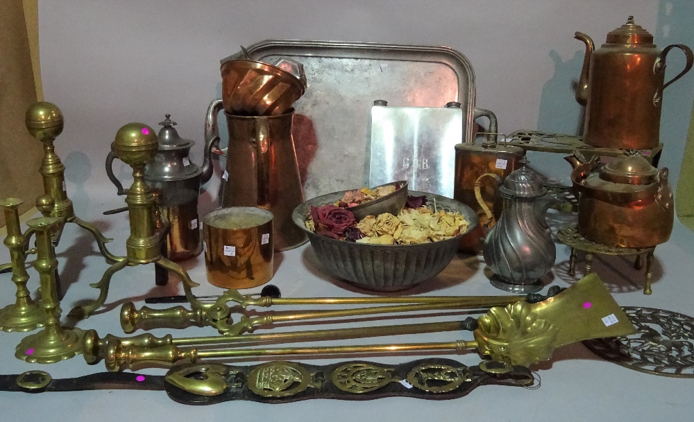 Metalware collectable copper, brass and pewter, including fire dogs, kettles, trivets and sundry.