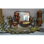 Metalware collectable copper, brass and pewter, including fire dogs, kettles, trivets and sundry.