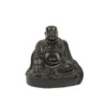 A Chinese bronze figure of Budai, Qing dyanasty, cast seated holding prayer beads in his right hand,