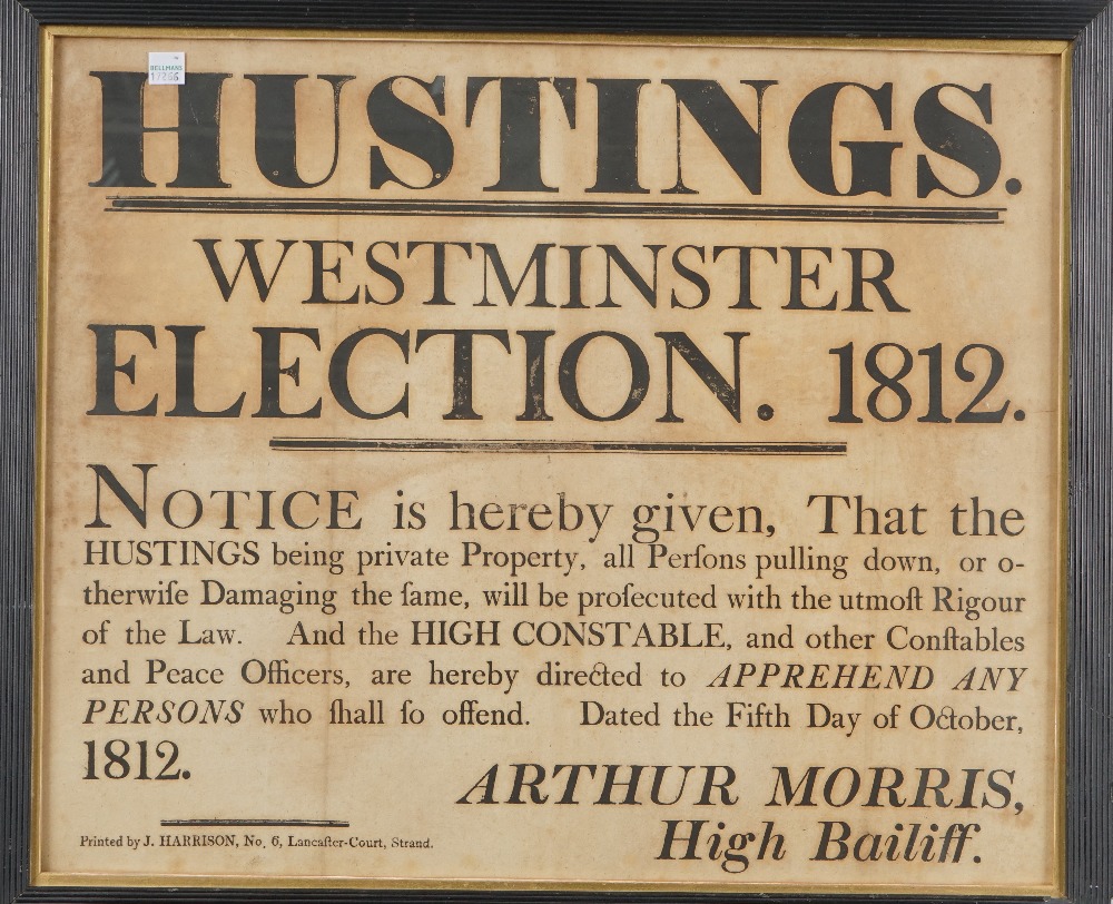 Westminster election hustings poster 1812, printed J.