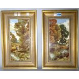 A pair of mid-20th century painted ceramic tiles, depicting river scenes within gold painted frames,