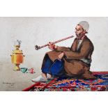 Misha Chahbazian (Shahbazian 1904-1976), An Iranian man seated on a carpet and smoking, watercolour,