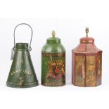 A tole peinte lamp, of hexagonal form, detailed with figures against a red and gold ground,