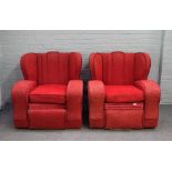 A pair of Art Deco pattern red upholstered square shell back easy armchairs, 89cm wide x 90cm high.