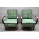 Czech Halabala, a pair of mid-20th century openarm easy chairs, on block supports,