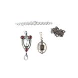 A carbuncle garnet and blister pearl pendant, in an Arts and Crafts open work design,