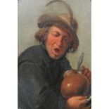 Manner of Joos van Craesbeeck, Study of a man with a lidded pitcher and pipe, oil on metal, oval,