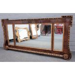 A George II style parcel gilt figured walnut triple plate mirror, 138cm wide x 69cm high.