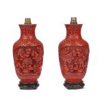 A pair of Chinese cinnabar lacquer vases (converted to table lamps),