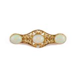 A gold, opal and diamond brooch, of shaped elliptical form, mounted with three oval opals,