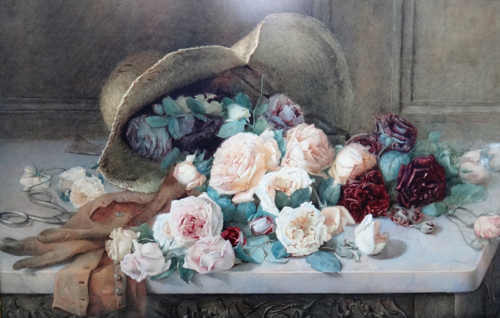 E Newcomb (British late 19th/early 20th Century) Still life of roses, a hat,