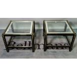 In the style of 'Pierre Vandell' a pair of modern black lacquer and brass inlaid side tables with