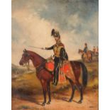 English School (19th century), Mounted portrait of an officer of the 10th Hussars, oil on canvas,