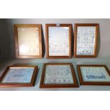 A group of six modern prints of needlework samplers, the largest 29cm wide x 37cm high.