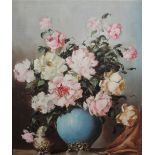 K** K** (20th century), Still life of roses and peonies in a vase, oil on canvas,