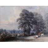Follower of Thomas Baker of Leamington, Two figures on a bridge in a landscape, watercolour,