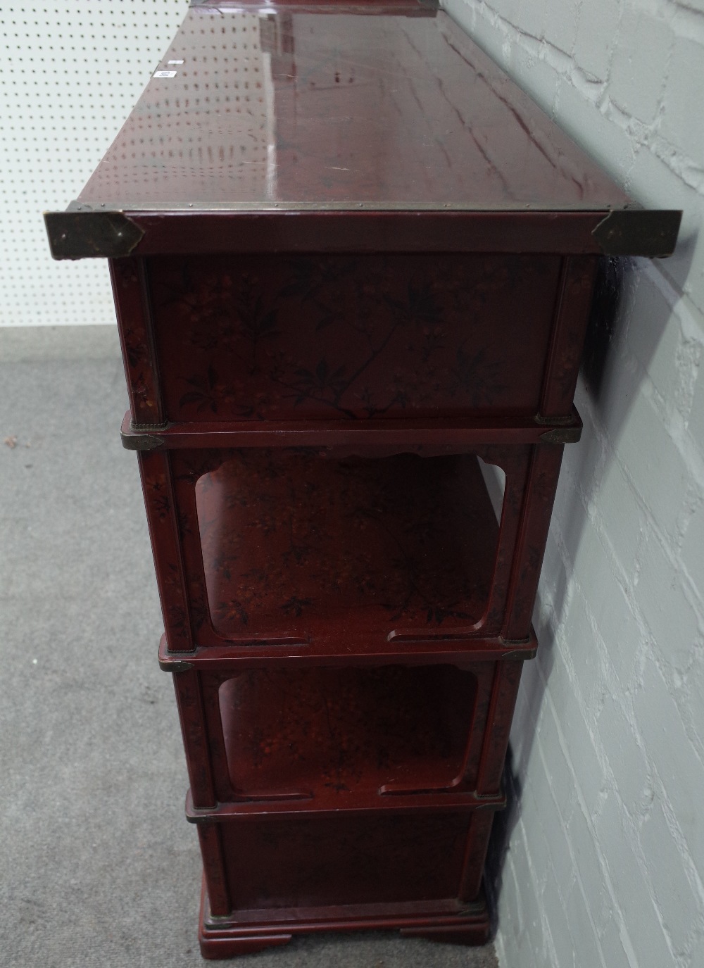 An early 20th century Japanese scarlet lacquered metal mounted side cabinet, - Image 3 of 3