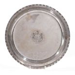 A silver circular salver, engraved to the centre with the arms of the City of Gloucester,