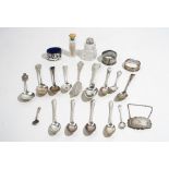 Silver and silver mounted wares, comprising; two napkin rings, an oval salt with a blue glass liner,