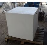 A modern white painted square pedestal, 81cm wide x 81cm high.