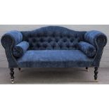 A Regency style studded blue upholstered hump back sofa, of small proportions,