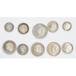 Ten Maundy coins, comprising; a fourpence 1941, three treepences 1935, 1943 and 1945,