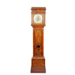 A walnut and marquetry inlaid longcase clock, the associated 12 inch square brass dial,