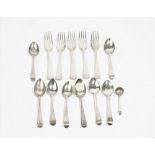Silver table flatware, comprising; five Old English pattern dessert forks,
