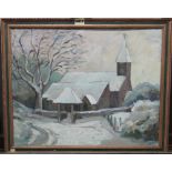 British School (20th century), Church in snow, oil on board, 39cm x 49cm.