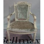 A Louis XVI style grey painted open armchair, on fluted tapering supports, 64cm wide x 94cm high.