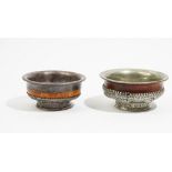 A Tibetan burl wood and white metal mounted bowl,