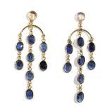 A pair of precious yellow metal, moonstone and sapphire-set pendant earrings, of chandelier design,