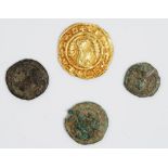 A group of four ancient coins, comprising: an Ethiopian Aksum? gold coin, diameter 17.3mm, weight 1.
