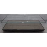 A modern rectangular enclosed glass and black ash coffee table, with pair of opposing drawers,