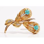 An 18ct gold turquoise and diamond-set brooch Of flower spray design,