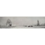 William Lionel Wyllie (British 1851-1931), Tall ships off the coast, etching, signed, 9cm x 33cm.